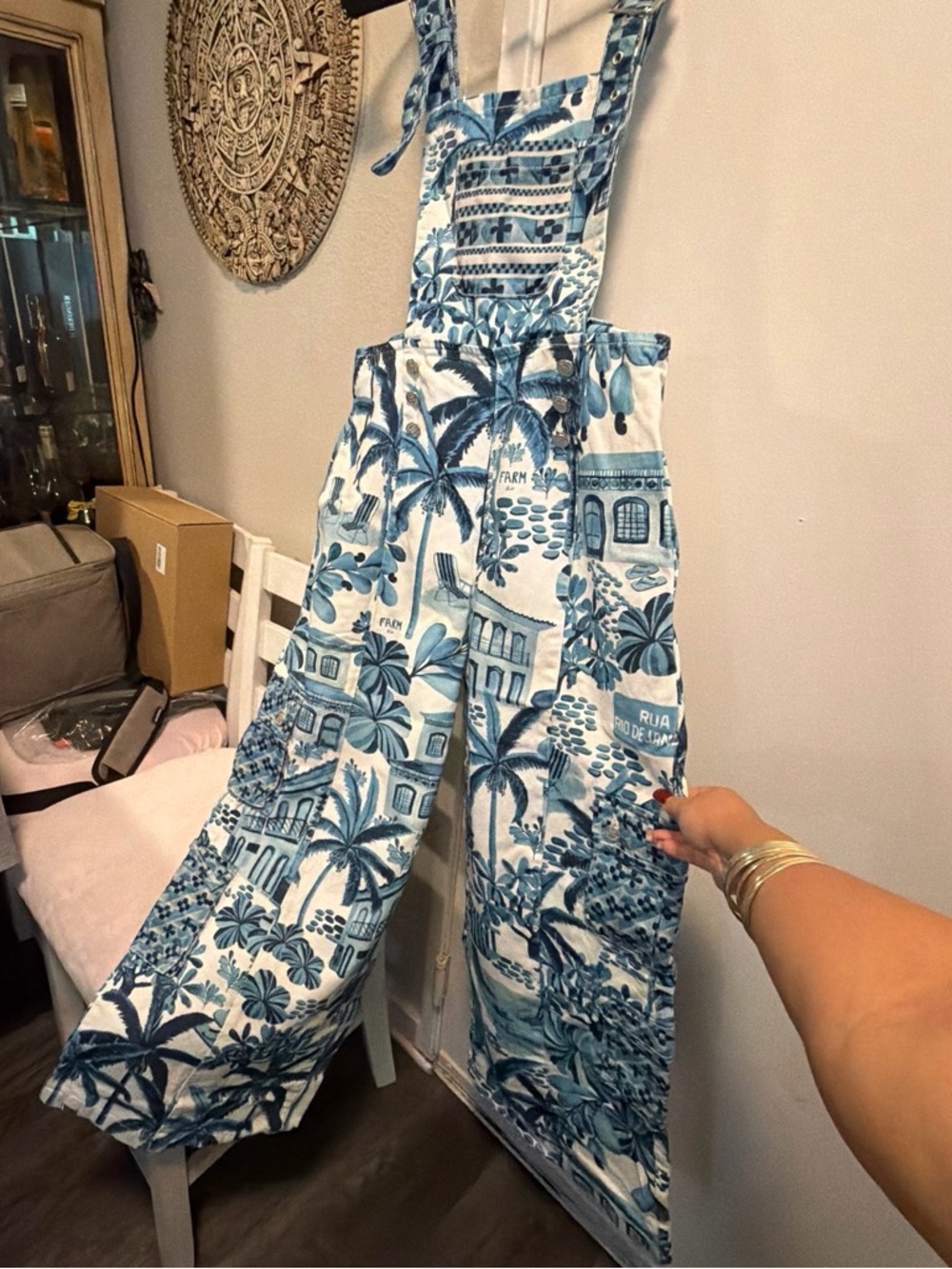 FARM Rio Blue & White Palm-Print Wide-Leg Overalls